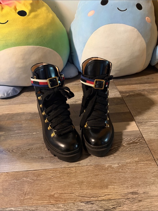 Gucci Shoes - Gucci Black Lace-Up Combat Boots with Red-White-Blue Strap